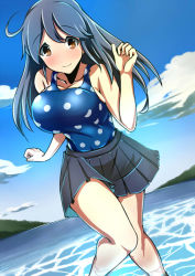 Rule 34 | 10s, 1girl, ahoge, bad id, bad pixiv id, beach, black hair, breasts, brown eyes, cleavage, clenched hands, cloud, day, eyebrows, hair between eyes, kantai collection, knees together feet apart, large breasts, long hair, miniskirt, no nose, ocean, outdoors, pleated skirt, polka dot, polka dot swimsuit, skirt, sky, smile, solo, swimsuit, ushio (kancolle), water, yoiyoi (kannkann100)