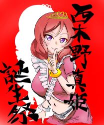 Rule 34 | 1girl, artist name, artist request, belt, blush, bracelet, breasts, collarbone, commentary request, dress, female focus, finger to mouth, frilled dress, frills, hair between eyes, highres, jewelry, looking at viewer, love live!, love live! school idol project, medium breasts, midriff, music s.t.a.r.t!!, navel, necklace, nishikino maki, pink belt, pink detached collar, pink dress, pink skirt, puffy short sleeves, puffy sleeves, purple eyes, red background, red hair, scrunchie, short hair, short sleeves, single sleeve, skirt, smile, solo, swept bangs, tiara, translated, translation request, white detached collar, white skirt, yellow bracelet, yellow scrunchie
