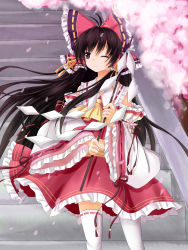 Rule 34 | 1girl, absurdres, ascot, bad id, bad pixiv id, bow, brown eyes, brown hair, cherry blossoms, detached sleeves, female focus, gohei, hair bow, hair tubes, hakurei reimu, highres, jpeg artifacts, long hair, midriff, one eye closed, petals, skirt, smile, solo, thighhighs, touhou, transistor, white thighhighs, wide sleeves, wink