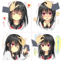 Rule 34 | 1girl, 4koma, ^ ^, bad id, bad twitter id, black hair, blush, closed eyes, comic, expressionless, closed eyes, heart, looking at viewer, multiple views, headpat, pov, red eyes, short hair, solo focus, spoken heart, tetsu tissue, translation request, wavy mouth