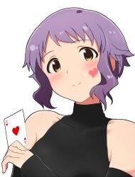 Rule 34 | 1girl, ace (playing card), ace of hearts, black shirt, blush, card, collarbone, commentary request, detached sleeves, hand up, heart, heart stickers, highres, holding, holding card, homco, idolmaster, idolmaster million live!, looking at viewer, makabe mizuki, playing card, purple hair, shirt, short hair, sidelocks, sleeveless, sleeveless shirt, smile, solo, sticker on face, upper body, wavy hair, white background, yellow eyes