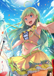 Rule 34 | 1girl, :d, ahoge, akino komichi, aqua eyes, armpits, backlighting, bare arms, bare shoulders, black choker, blue sky, blurry, blurry background, breasts, building, choker, cloud, collarbone, commentary request, crop top, cross-laced clothes, day, depth of field, falling leaves, fingernails, fisheye, floating hair, flower, frilled shirt, frilled skirt, frills, from below, green hair, green nails, green skirt, hairband, highres, idolmaster, idolmaster million live!, lamppost, layered skirt, leaf, lens flare, long hair, looking at viewer, looking down, medium breasts, midriff, miniskirt, nail polish, navel, open mouth, outdoors, outstretched arms, shimabara elena, shirt, skirt, sky, sleeveless, sleeveless shirt, smile, solo, standing, stomach, striped clothes, striped skirt, sun, sunlight, sweat, teeth, tree, upper teeth only, wrist cuffs, yellow flower, yellow hairband, yellow shirt, yellow skirt