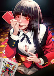 Rule 34 | 1girl, black bra, black hair, black pantyhose, blunt bangs, blush, bra, breasts, card, commentary request, highres, hime cut, holding, holding card, jabami yumeko, jacket, kakegurui, large breasts, lips, long hair, looking at viewer, magion02, nail polish, open clothes, open mouth, open shirt, pantyhose, playing card, poker chip, red eyes, red nails, ribbon, school uniform, shirt, skirt, smile, solo, sweat, underwear