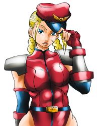 Rule 34 | 1girl, alternate costume, antonio claret, blonde hair, blue eyes, bracer, braid, breasts, cammy white, cosplay, elbow gloves, gloves, hat, hat tip, impossible clothes, leotard, lips, long hair, looking at viewer, m. bison, m bison (cosplay), medium breasts, peaked cap, red leotard, scar, shoulder pads, solo, street fighter, street fighter iv (series), transparent background, twin braids