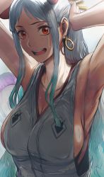 Rule 34 | 1girl, absurdres, aqua hair, armpits, arms behind head, arms up, bare shoulders, blush, breasts, cleavage, curled horns, earrings, gradient hair, hews, highres, hoop earrings, horns, jewelry, large breasts, long hair, looking at viewer, multicolored hair, one piece, open mouth, orange horns, parted bangs, ponytail, red eyes, red horns, sideboob, sidelocks, smile, solo, sweat, white hair, yamato (one piece)