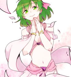 Rule 34 | 1girl, bad id, bad pixiv id, bikini, bikini top only, bow, bracelet, breasts, cleavage, dancer, earrings, fire emblem, fire emblem: genealogy of the holy war, green eyes, green hair, hair bow, jewelry, lene (fire emblem), looking at viewer, medium breasts, midriff, navel, nintendo, own hands together, ribbon, short hair, simple background, skirt, smile, solo, swimsuit