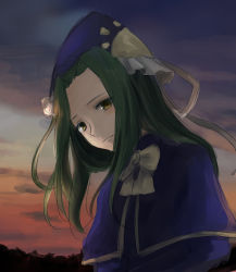 Rule 34 | 1girl, cape, cloud, dusk, green hair, hat, highres, light smile, long hair, looking at viewer, mima (touhou), ribbon, sketch, sky, solo, sunset, tamae (pixiv40276), touhou, touhou (pc-98), wizard hat, yellow eyes