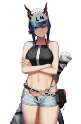 Rule 34 | 1girl, absurdres, arknights, bare arms, bare shoulders, baseball cap, belt, bikini, black bikini, blue hair, breasts, cero (last2stage), ch&#039;en (arknights), ch'en (arknights), collarbone, commentary request, cowboy shot, crossed arms, dragon horns, dragon tail, female tourist c (arknights), grey shorts, halterneck, hat, highleg, highleg bikini, highres, horns, horns through headwear, long hair, looking at viewer, medium breasts, navel, official alternate costume, open fly, pouch, red eyes, short shorts, shorts, sidelocks, simple background, solo, standing, stomach, swimsuit, tail, thighs, white background, white hat