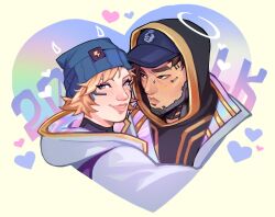 Rule 34 | 1boy, 1girl, apex legends, baseball cap, beanie, black eyes, black hoodie, blue headwear, blush, brown hair, commentary, crypto (apex legends), drawn halo, drawn horns, electric incognito wattson, english commentary, halo, hat, heart, hetero, highres, hood, hood down, hood up, hooded jacket, hoodie, jacket, lightning bolt symbol, lila (lilakeylk), looking at viewer, looking to the side, low profile crypto, official alternate costume, parted lips, pink lips, wattson (apex legends), white jacket