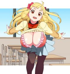 Rule 34 | 1girl, bad id, bad pixiv id, black pantyhose, blonde hair, blue skirt, bow, bra, breasts, brown eyes, chair, classroom, cleavage, clothes lift, desk, flower bra, hair bow, himegami kaya, huge breasts, leaning forward, long hair, long sleeves, looking at viewer, miniskirt, muchigaku, original, outstretched arms, pantyhose, pink bow, pleated skirt, red bow, red bra, red neckwear, ringed eyes, samonegi, school, school chair, school desk, school uniform, skirt, solo, sweater, sweater lift, underwear, window, yellow sweater