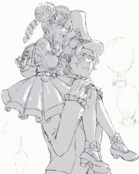 Rule 34 | 1boy, 1girl, ace attorney, aircraft, backpack, bag, barok van zieks, carrying, closed mouth, drill hair, frilled gloves, frilled sleeves, frills, gloves, goggles, goggles on head, greyscale, hat, highres, hot air balloon, iris wilson, jacket, long hair, long sleeves, machihazure, monochrome, open mouth, puffy sleeves, scar, scar on face, shoes, short hair, shoulder carry, sitting, sitting on shoulder, smile, the great ace attorney, top hat, twintails