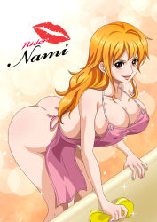 Rule 34 | 1girl, apron, ass, blush, breasts, brown eyes, character name, cleavage, curvy, highres, hip focus, large breasts, leaning forward, long hair, looking at viewer, naked apron, nami (one piece), nipples, one piece, orange hair, rider (orange couture), smile, solo, sponge, standing, stomach, thick thighs, thighs, wide hips