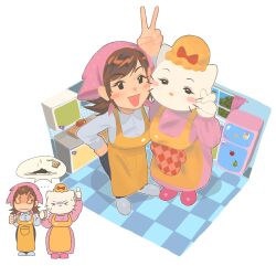 Rule 34 | &gt; &lt;, 2girls, apron, blush stickers, brown hair, chzzei, closed mouth, cooking mama, crossover, flaming eyes, hat, head scarf, hello kitty, highres, kitchen, looking at viewer, mama (cooking mama), mary white, multiple girls, multiple views, sanrio, shared speech bubble, speech bubble, trait connection, v, whiskers, yellow apron