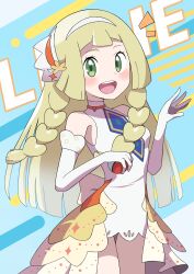 1girl :d absurdres araki_megami bare_shoulders blonde_hair blush braid character_name creatures_(company) dress elbow_gloves game_freak gloves green_eyes hairband highres holding holding_poke_ball lillie_(anniversary_2024)_(pokemon) lillie_(pokemon) long_hair looking_at_viewer nintendo official_alternate_costume open_mouth poke_ball poke_ball_(basic) pokemon pokemon_masters_ex sleeveless sleeveless_dress smile solo teeth twin_braids upper_teeth_only white_dress white_gloves white_hairband