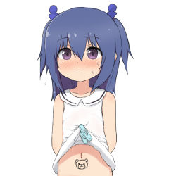 Rule 34 | 1girl, akatsuki hayane (yakihebi), arms behind back, bare shoulders, blouse, blue hair, blush, child, clothes lift, clothes pin, collarbone, commentary, flat chest, hair between eyes, long hair, looking at viewer, navel, nose blush, original, out-of-frame censoring, pubic tattoo, purple eyes, shirt, shirt lift, simple background, sleeveless, sleeveless shirt, smile, solo, stomach tattoo, sweat, tattoo, two side up, upper body, white background, white shirt, yakihebi