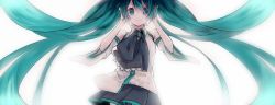 Rule 34 | 1girl, bad id, bad pixiv id, bare shoulders, colorized, detached sleeves, floating hair, green eyes, green hair, hatsune miku, headphones, long hair, makoto (macopaca), matching hair/eyes, nogi bisuko, simple background, skirt, smile, solo, twintails, very long hair, vocaloid, white background