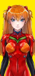 Rule 34 | 1girl, absurdres, artist request, blue eyes, bodysuit, breasts, brown hair, highres, long hair, looking at viewer, medium breasts, neon genesis evangelion, plugsuit, red bodysuit, serious, shiny clothes, simple background, skin tight, smile, solo, souryuu asuka langley, two side up, yellow background