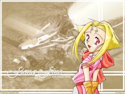 Rule 34 | 1girl, arms behind back, blonde hair, facial mark, fiona (zoids), flat chest, forehead mark, happy, looking back, red eyes, solo, wallpaper, zoids, zoids chaotic century