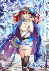 Rule 34 | 1girl, age of ishtaria, bag, belt, black hair, black thighhighs, breasts, coat, flower, gambe, hair flower, hair ornament, handbag, hat, highres, looking at viewer, multicolored hair, official art, open mouth, original, red eyes, red hair, short hair, smile, solo, sweater, thighhighs