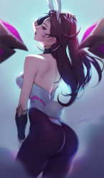 Rule 34 | 1girl, animal ears, arm up, artist name, ass, back, bare shoulders, black pantyhose, blue eyes, brown hair, choker, citemer, cowboy shot, facial mark, fake animal ears, from behind, hand on own head, highres, kai&#039;sa, league of legends, leotard, looking back, multicolored choker, nail polish, pantyhose, purple lips, purple nails, rabbit ears, rabbit tail, signature, skin tight, solo, symbol-only commentary, tail, taut clothes, whisker markings, white leotard