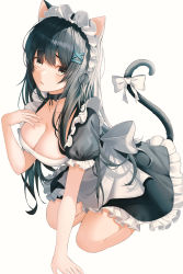 Rule 34 | 1girl, absurdres, animal ears, apron, black choker, black dress, black eyes, black hair, bow, breasts, cat ears, cat girl, cat tail, choker, cleavage, doongdang, dress, frilled dress, frills, frown, hair ornament, hairclip, hand up, highres, kneeling, long hair, looking at viewer, maid, maid apron, maid headdress, medium breasts, original, parted lips, short sleeves, simple background, solo, tail, tail bow, tail ornament, white background, x hair ornament