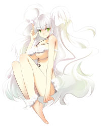 Rule 34 | 1girl, barefoot, breasts, green eyes, kimura shiki, large breasts, long hair, nude, original, salute, smile, solo, two-finger salute, underboob, very long hair, white background, white hair, white theme