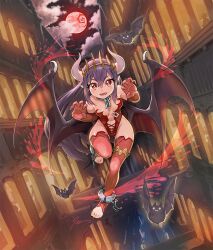 Rule 34 | 1girl, :3, bat (animal), breasts, broken, broken chain, building, chain, cloud, collar, commentary request, cuffs, demon girl, demon horns, demon wings, elbow gloves, fangs, full body, full moon, gloves, hairband, highres, horns, leotard, long hair, moon, navel, night, night sky, open mouth, original, pointy ears, purple hair, red eyes, red gloves, red leotard, red moon, red thighhighs, shackles, signature, sky, small breasts, smile, solo, strapless, strapless leotard, thighhighs, toeless legwear, unpopin, very long hair, wings