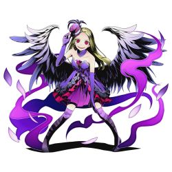 Rule 34 | 10s, 1girl, bare shoulders, blonde hair, collarbone, divine gate, dress, elbow gloves, feathered wings, floating hair, full body, gloves, grey wings, hat, long hair, looking at viewer, mini hat, official art, open mouth, purple gloves, purple thighhighs, red eyes, sleeveless, sleeveless dress, solo, standing, strapless, strapless dress, thighhighs, transparent background, ucmm, wings