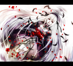 Rule 34 | 00s, bad id, bad pixiv id, dress, feathers, flower, frills, hairband, hamutama, letterboxed, long hair, petals, red eyes, rose, rozen maiden, solo, suigintou, very long hair, white hair