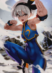 Rule 34 | 1girl, ankle boots, bea (pokemon), black hairband, blue bodysuit, blue vest, blurry, blurry background, bodysuit, boots, breasts, capcom, chun-li, chun-li (cosplay), clenched hand, commentary, cosplay, covered abs, covered navel, creatures (company), dark-skinned female, dark skin, english commentary, fighting stance, fingernails, game freak, grey eyes, hairband, highres, magion02, nintendo, open mouth, pokemon, pokemon swsh, shoes, short hair, silver hair, sleeveless, small breasts, smoke, sneakers, solo, standing, standing on one leg, street fighter, street fighter zero (series), striped, studded bracelet, sweat, vertical stripes, vest, white footwear