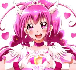 Rule 34 | 10s, 1girl, :d, antenna hair, blush, choker, cure happy, earrings, head wings, heart, heart hands, hoshizora miyuki, jewelry, long hair, magical girl, open mouth, pink eyes, pink hair, pink theme, precure, shogo (4274732), simple background, smile, smile precure!, solo, tiara, twintails, white background, wings