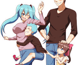 Rule 34 | 2boys, 2girls, aqua eyes, aqua hair, arm up, bad id, bad pixiv id, blush, brown hair, denim, fang, finger to mouth, grin, hair ornament, hairclip, hand on own hip, hatsune miku, highres, jeans, long hair, multiple boys, multiple girls, one eye closed, open mouth, pants, risian, shirt tug, simple background, smile, twintails, vocaloid, white background