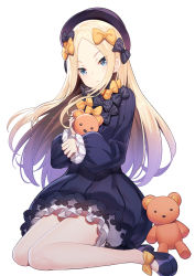 Rule 34 | 1girl, abigail williams (fate), black bow, black dress, black footwear, blonde hair, blue eyes, bow, closed mouth, dress, expressionless, fate/grand order, fate (series), forehead, frills, hair bow, highres, knees together feet apart, long hair, long sleeves, looking at viewer, multiple hair bows, polka dot, polka dot bow, puffy long sleeves, puffy sleeves, ririko (zhuoyandesailaer), shoes, sidelocks, simple background, sitting, solo, stuffed animal, stuffed toy, teddy bear, thighs, wariza, white background, yellow bow