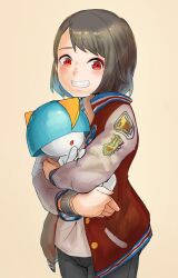 Rule 34 | 1girl, 1other, alternate color, black pants, blunt bangs, blush, brown hair, buttons, carrying, child, colored skin, covered eyes, cowboy shot, creatures (company), game freak, gen 3 pokemon, grey sleeves, grin, hair over eyes, happy, highres, hug, jacket, letterman jacket, looking at viewer, nintendo, open mouth, orange background, original, pants, pochi (01 01pochi), pocket, pokemon, pokemon (creature), raglan sleeves, ralts, red eyes, red jacket, shiny pokemon, shirt, sidelocks, simple background, smile, standing, swept bangs, teeth, white shirt, white skin