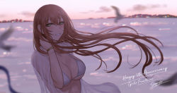 Rule 34 | 1girl, bikini, blush, bracelet, breasts, brown hair, chinese commentary, cleavage, commentary, commentary request, girls&#039; frontline, green eyes, grin, highres, jewelry, large breasts, looking at viewer, outdoors, parted lips, selcky, smile, solo, springfield (girls&#039; frontline), swimsuit, teeth, upper body, white bikini