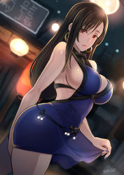 Rule 34 | 1girl, bare shoulders, black hair, blue dress, blue nails, breasts, butcha-u, cleavage, commentary request, crescent, crescent earrings, dress, earrings, final fantasy, final fantasy vii, final fantasy vii remake, highres, jewelry, lace trim, large breasts, long hair, looking at viewer, low-tied long hair, nail polish, night, official alternate costume, outdoors, red eyes, revision, short dress, sideboob, sleeveless, sleeveless dress, solo, square enix, taut clothes, taut dress, thighs, tifa lockhart, tifa lockhart (refined dress), wall market