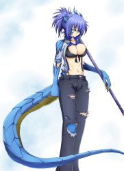 Rule 34 | 1girl, annes (g (genesis1556)), blue eyes, blue hair, breasts, broken horn, cleavage, dragon girl, dragon horns, dragon tail, front-tie top, g (genesis1556), highres, horns, large breasts, long hair, looking at viewer, matching hair/eyes, navel, pants, ponytail, scar, solo, standing, tail, torn clothes, torn pants