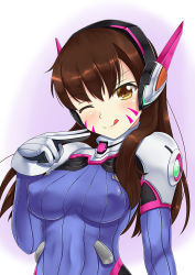 Rule 34 | 1girl, ;p, animal print, armor, blush, bodysuit, breasts, brown eyes, brown hair, closed mouth, d.va (overwatch), erusen (des-arms), facepaint, facial mark, hair between eyes, hair over shoulder, hand on own face, headphones, high collar, highres, long hair, looking at viewer, medium breasts, one eye closed, overwatch, overwatch 1, pauldrons, pilot suit, rabbit print, shoulder armor, shoulder pads, simple background, skin tight, smile, solo, standing, tongue, tongue out, upper body, whisker markings, wink