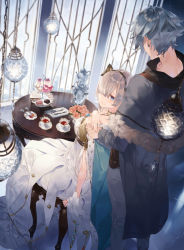 Rule 34 | 1boy, 1girl, anastasia (fate), black hairband, blue eyes, blue hair, cake, cape, chair, cup, dress, earrings, fate/grand order, fate (series), food, fur trim, gem, gold, gold trim, hair over one eye, hairband, hand on another&#039;s hand, highres, hotosoka (user nxja5583), indoors, jewelry, kadoc zemlupus, long hair, necklace, saucer, silver hair, smile, table, teacup, teapot, very long hair, white dress, window