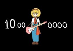 Rule 34 | 1girl, alice margatroid, black background, blonde hair, blue dress, blush, boots, brown footwear, capelet, closed mouth, commentary request, dress, electric guitar, frilled hairband, frilled necktie, frilled sash, frills, full body, guitar, hairband, holding, holding instrument, instrument, looking at viewer, medium bangs, milestone celebration, necktie, niconico, red hairband, red necktie, red sash, sash, short hair, simoyuki, simple background, smile, solo, standing, touhou, white capelet, yellow eyes