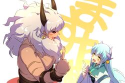 Rule 34 | 1boy, 1girl, asterios (fate), black sclera, blush, bracelet, breasts, colored sclera, dragon girl, dragon horns, echo (circa), fate/grand order, fate (series), green hair, horns, index finger raised, japanese clothes, jewelry, kimono, kiyohime (fate), long hair, long sleeves, medium breasts, multiple horns, open mouth, red eyes, smile, translation request, white hair, wide sleeves, yellow eyes
