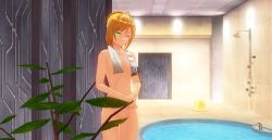 Rule 34 | 1girl, 3d, artoria pendragon (all), artoria pendragon (fate), bathroom, blonde hair, breasts, custom maid 3d 2, fate/stay night, fate (series), green eyes, maid, nude, saber (fate), small breasts, smile, solo, towel, towel around neck