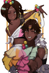 Rule 34 | 1boy, 1girl, back, bare shoulders, breasts, brother and sister, carrying, commentary, commentary request, crop top, dark-skinned female, dark skin, feather trim, fire emblem, fire emblem engage, fogado (fire emblem), hair ornament, highres, jewelry, lifting another&#039;s clothes, long hair, looking at viewer, looking back, medium breasts, nintendo, open mouth, parted bangs, seinikuten, siblings, smile, star-shaped pupils, star (symbol), symbol-shaped pupils, timerra (fire emblem), very dark skin