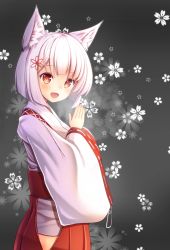 Rule 34 | 1girl, animal ears, blush, bob cut, fox ears, gradient background, hakama, hakama skirt, highres, hip vent, japanese clothes, long sleeves, looking at viewer, miko, oimo (imoyoukan), open mouth, original, red eyes, red hakama, ribbon-trimmed sleeves, ribbon trim, shirt, short hair, silver hair, skirt, smile, solo, wide sleeves
