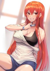 Rule 34 | 1girl, absurdres, black tank top, blue shorts, bracelet, breasts, cleavage, clenched teeth, collar, goback, highres, jewelry, large breasts, long hair, looking at viewer, off-shoulder shirt, off shoulder, original, red eyes, red hair, shirt, short shorts, shorts, sitting, solo, tank top, teeth, white shirt