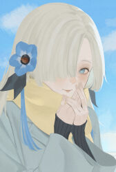 Rule 34 | 1girl, alternate costume, blonde hair, blue eyes, blue flower, blue hair, blue sky, blush, closed mouth, coat, day, flower, grey coat, hair flower, hair ornament, hair over one eye, half-closed eyes, hands up, highres, isekai joucho, kamitsubaki studio, long hair, long sleeves, looking at viewer, multicolored hair, one eye covered, outdoors, own hands together, scarf, sky, smile, solo, streaked hair, upper body, virtual youtuber, warming hands, winter clothes, yellow scarf, zudxpnz