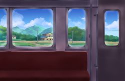 Rule 34 | bad id, bad pixiv id, biako, blue sky, brick wall, cloud, commentary request, day, hedge, highres, house, interior, mountain, no humans, original, power lines, revision, rice paddy, road, rural, scenery, seat, sky, train interior, tree, utility pole, water, window