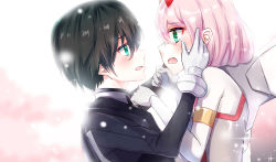 Rule 34 | 10s, 1boy, 1girl, absurdres, black bodysuit, black hair, blush, bodysuit, commentary request, couple, crying, crying with eyes open, darling in the franxx, face-to-face, facing another, fang, forehead-to-forehead, gloves, green eyes, hand on another&#039;s face, heads together, hetero, highres, hiro (darling in the franxx), horns, long hair, looking at another, oni horns, open mouth, pilot suit, pink hair, realdragon, red horns, short hair, tears, white bodysuit, white gloves, zero two (darling in the franxx)