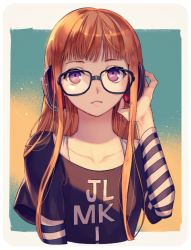 Rule 34 | 10s, 1girl, black-framed eyewear, black shirt, border, breasts, clothes writing, collarbone, cropped torso, eyelashes, glasses, hand on headphones, headphones, layered sleeves, long hair, long sleeves, looking at viewer, mmtip, orange hair, outside border, parted lips, persona, persona 5, purple eyes, rounded corners, sakura futaba, shirt, short over long sleeves, short sleeves, small breasts, solo, striped, striped sleeves, t-shirt, two-tone background, white border