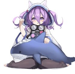 Rule 34 | 1girl, absurdres, animal ear hood, azur lane, coat, fake animal ears, flasher (azur lane), full body, goggles, goggles around neck, hair between eyes, highres, holding sewing needle, hood, lump saury, needle, purple eyes, purple hair, sewing, sewing needle, simple background, sitting, sketch, solo, stuffed animal, stuffed shark, stuffed toy, thighhighs, toeless legwear, toes, two side up, wariza, white background, white coat, white hood